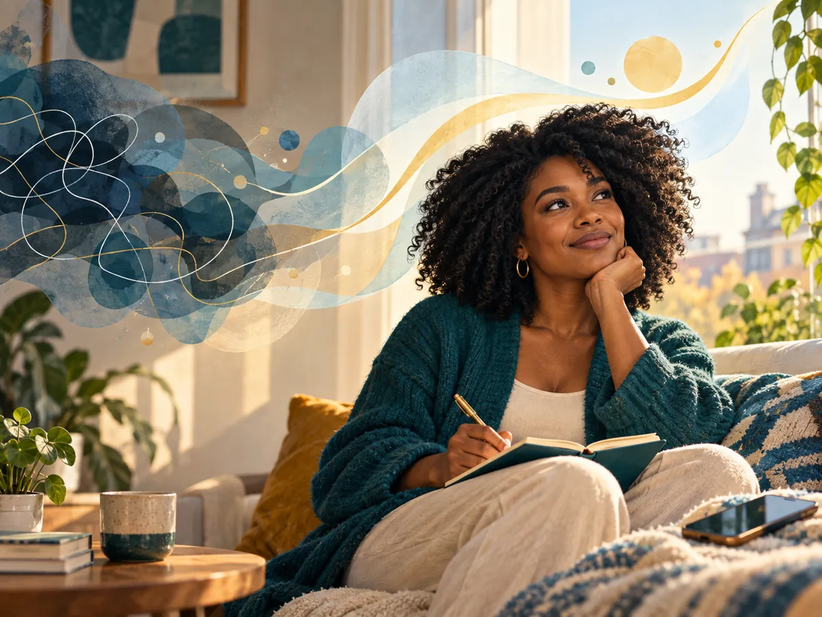 Illustration of a woman writing in a quiet room, with tangled shapes becoming a clear path.